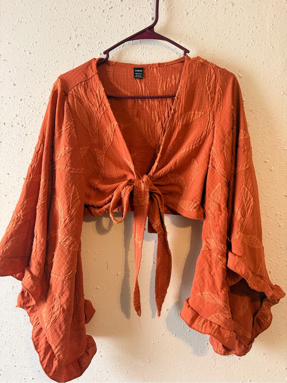 SHEIN Rust Orange Tie-Front Cropped Blouse